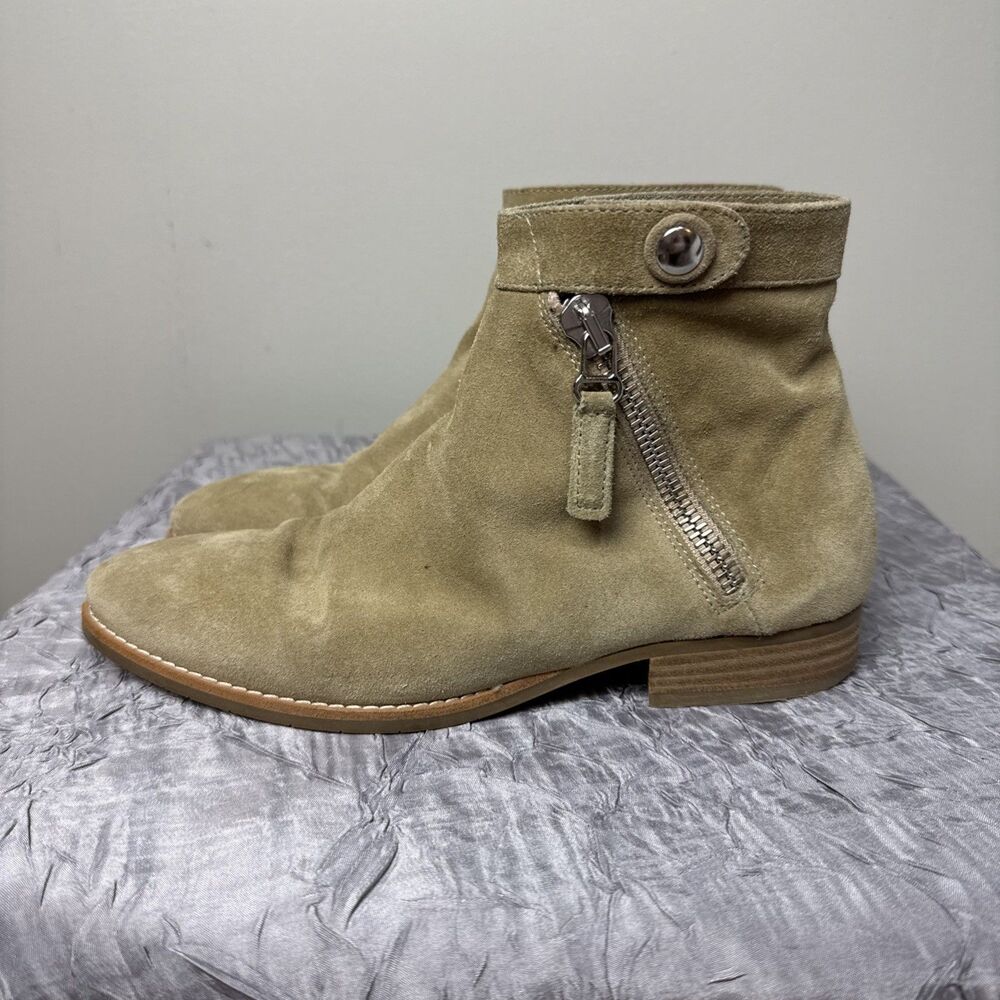 Aquatalia Women Suede Zipper Button Chelsea Boots Beige Sz 7.5‎ Italy